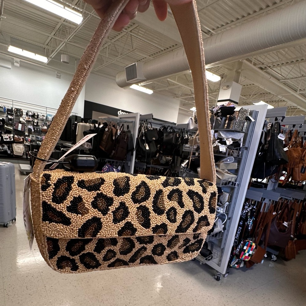 America & Beyond Leopard Print Beaded Shoulder Bag NWT
